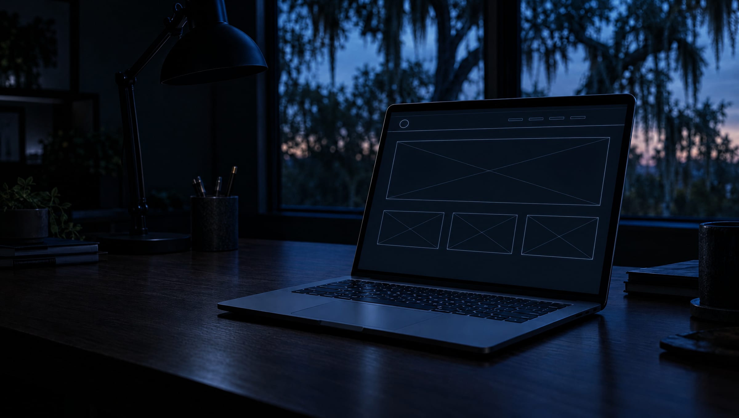 A laptop on a dark desk at dusk, its screen showing a faint glowing wireframe of a web page