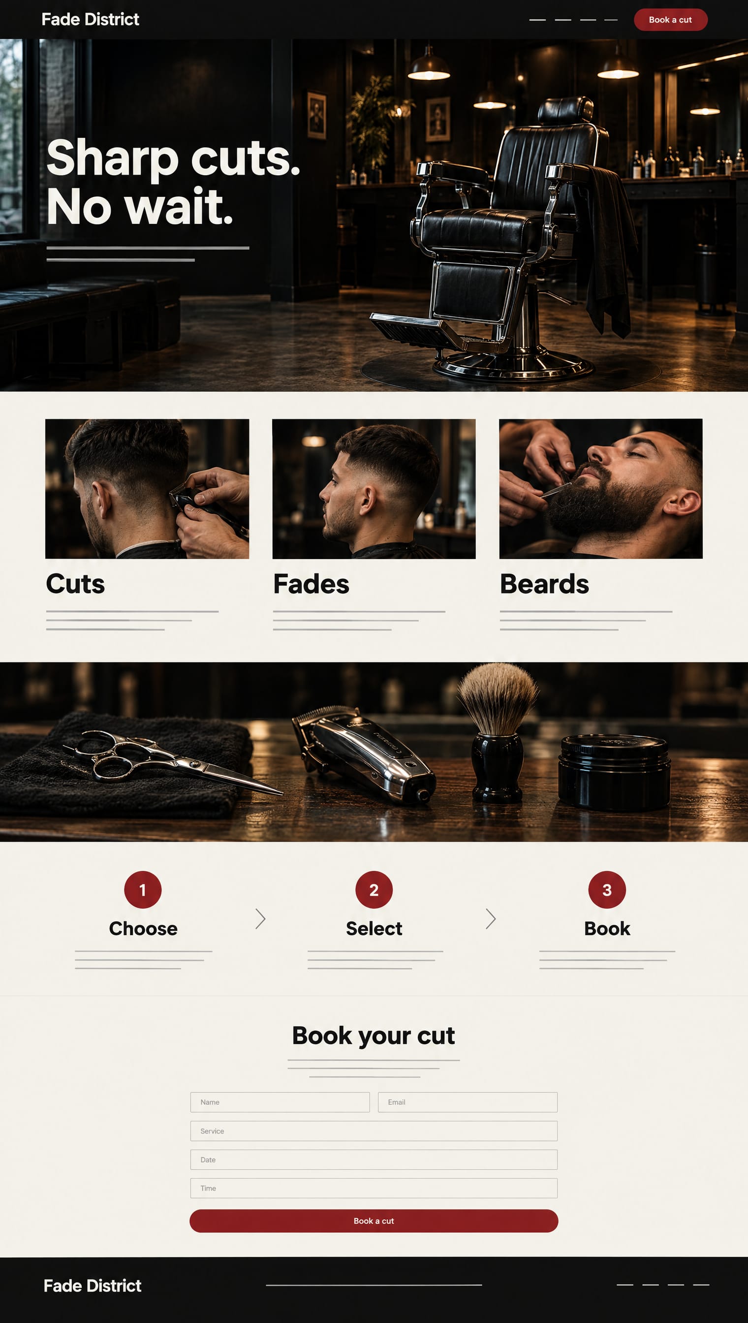 Barbershop website template: the headline Sharp cuts. No wait. over a vintage barber chair, then services, a gallery of tools, and a booking form