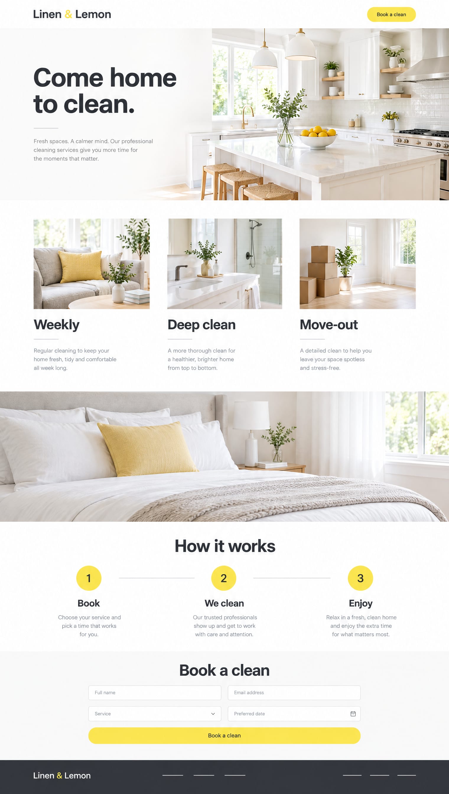 House cleaning website template: the headline Come home to clean. beside a sunlit white kitchen, then services, a how it works strip, and a booking form