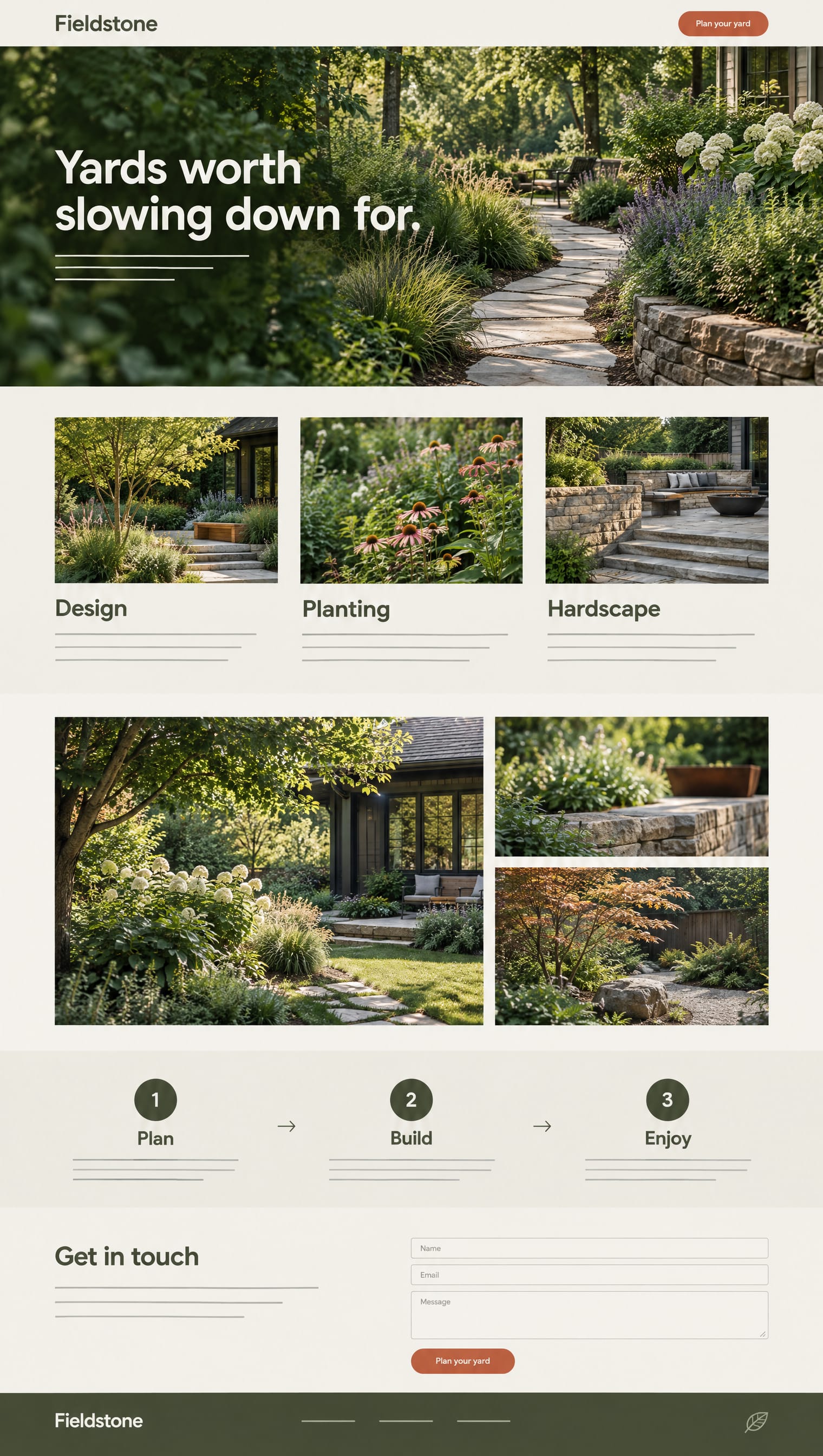 Landscaping website template: the headline Yards worth slowing down for. over a stone garden path, then services, a photo gallery, and a contact form