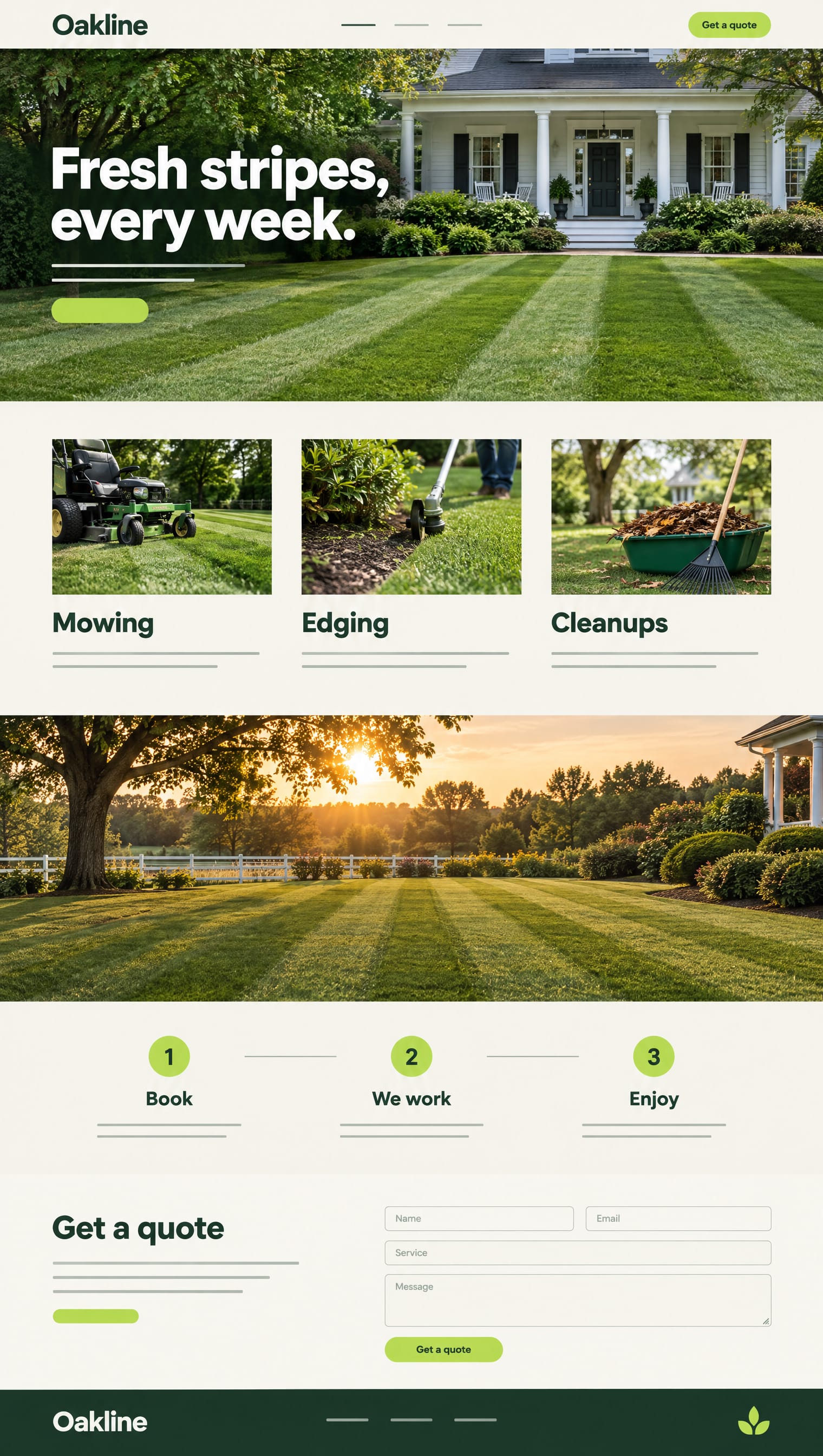 Lawn care website template: the headline Fresh stripes, every week. over a striped lawn and a white porch home, then services, a process strip, and a quote form