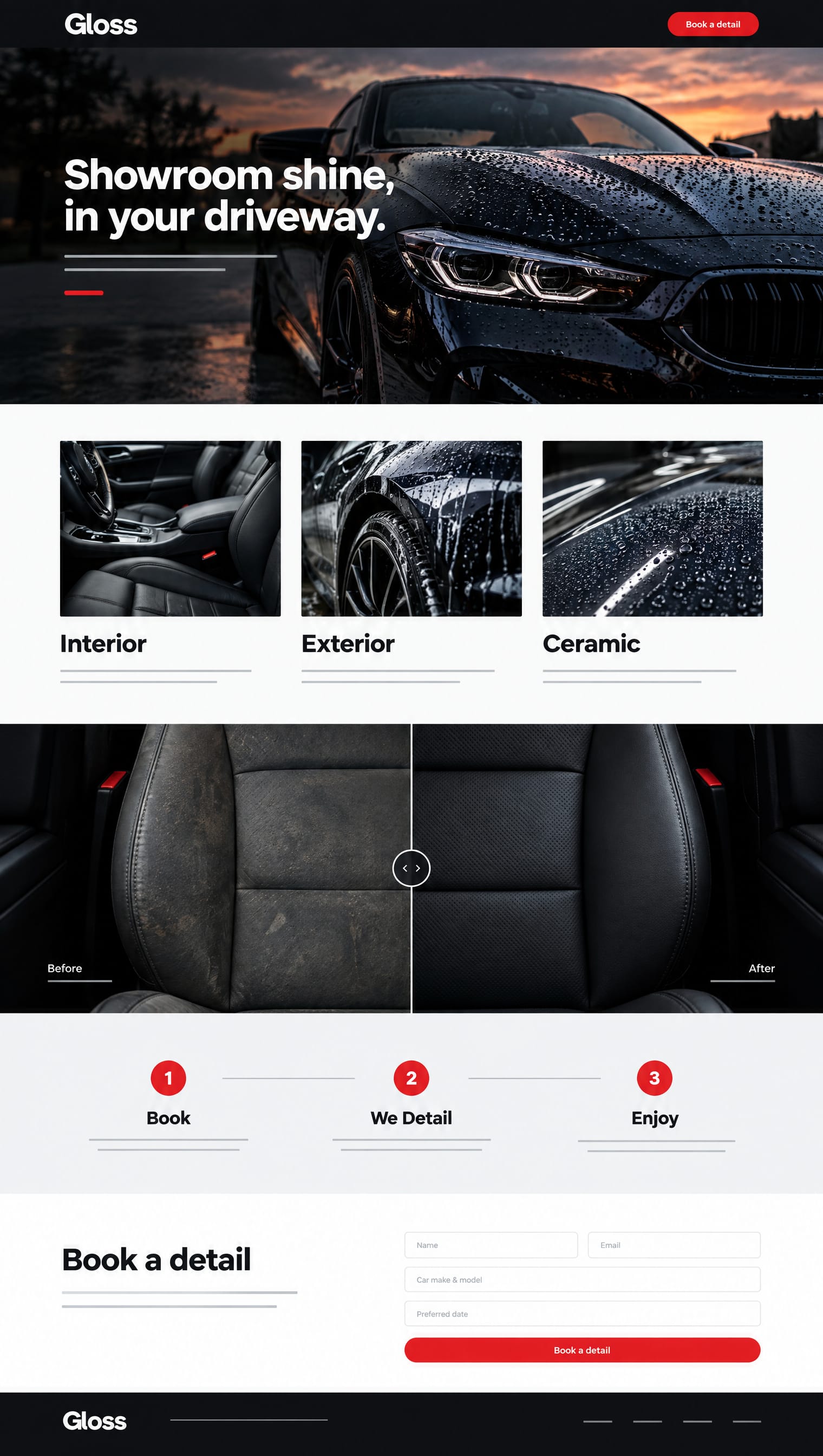 Mobile detailing website template: the headline Showroom shine, in your driveway. over a glossy black car with water beading, then services, a before and after, and a booking form