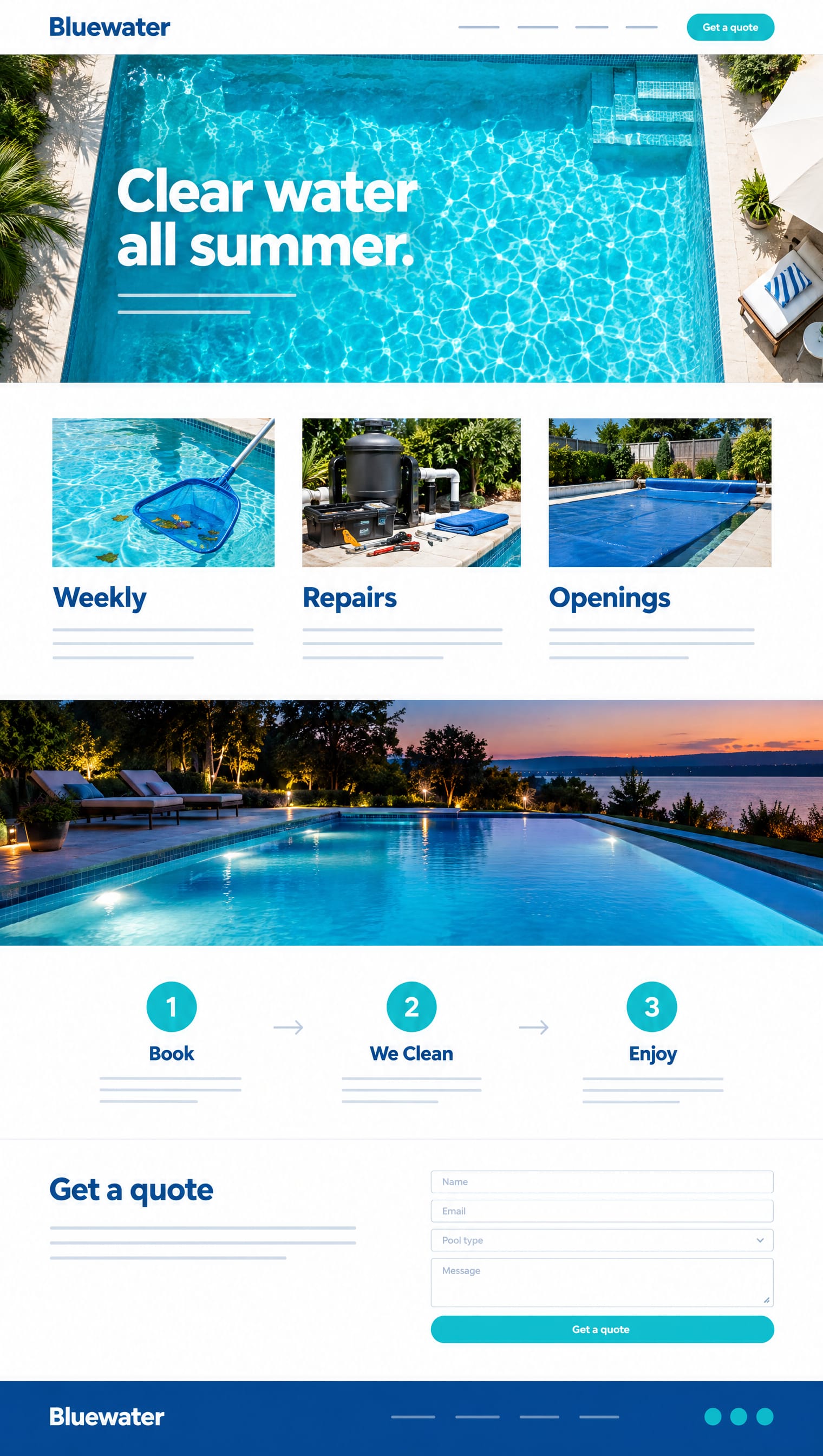 Pool cleaning website template: the headline Clear water all summer. over a sparkling backyard pool, then services, a dusk pool photo, and a quote form