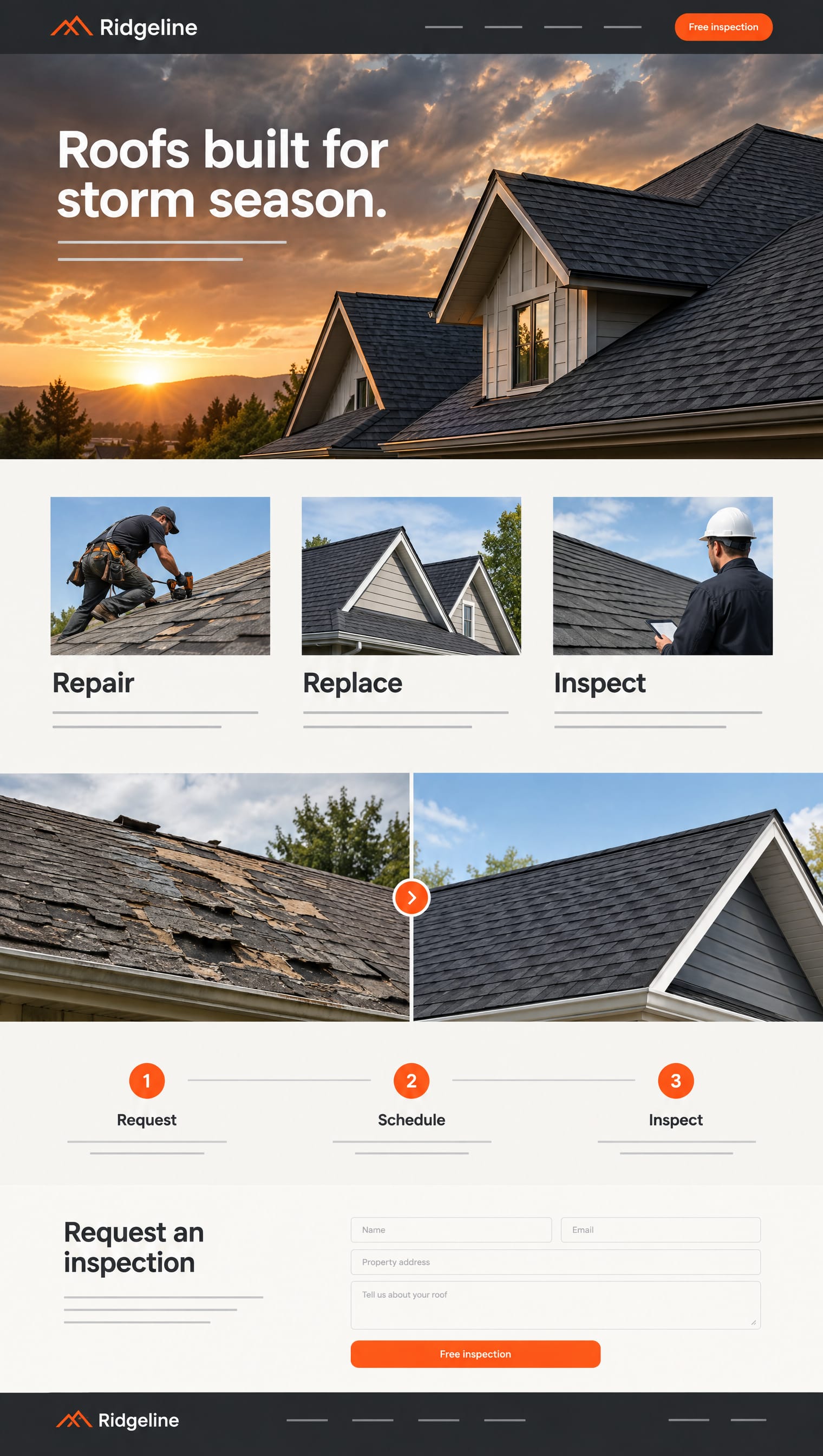 Roofing website template: the headline Roofs built for storm season. over a new shingle roof at golden hour, then services, an old and new roof comparison, and an inspection form